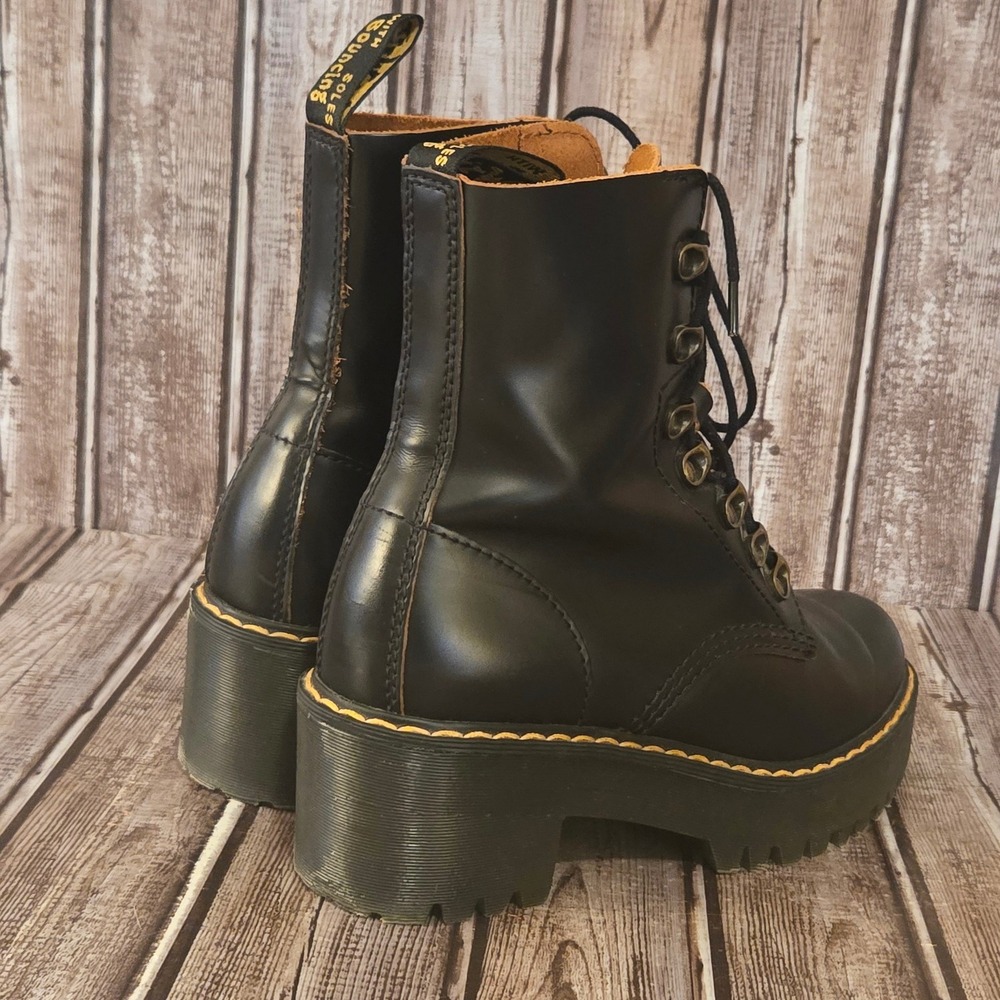 Dr. Martens Black Platform Lace-Up Heeled Boots with Yellow Stitching - Picture 4 of 11